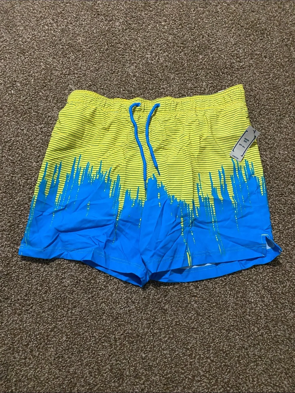 Neon Yellow & Blue Graphic Swim Trunks with Drawstring